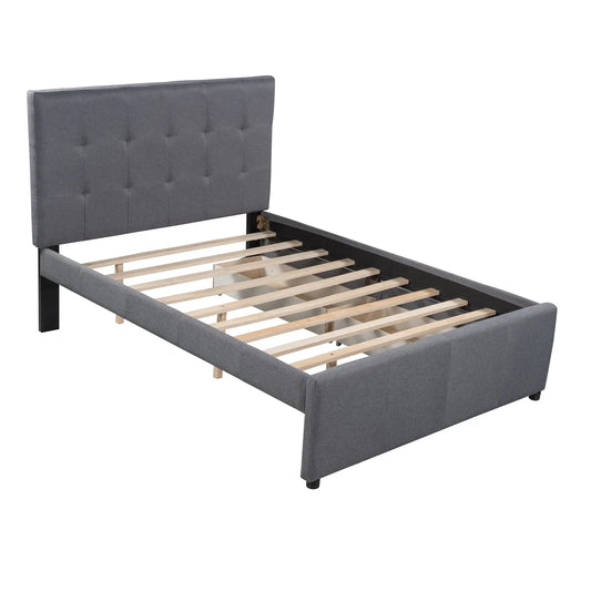 Linen upholstered platform bed with tufted gray headboard and slatted base on Tampa Home & Garden Store