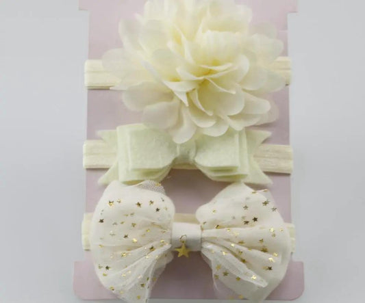 Stevvex baby headband with elastic band, cream flower, mint felt bows, white starry tulle bow on Tampa Home & Garden Store