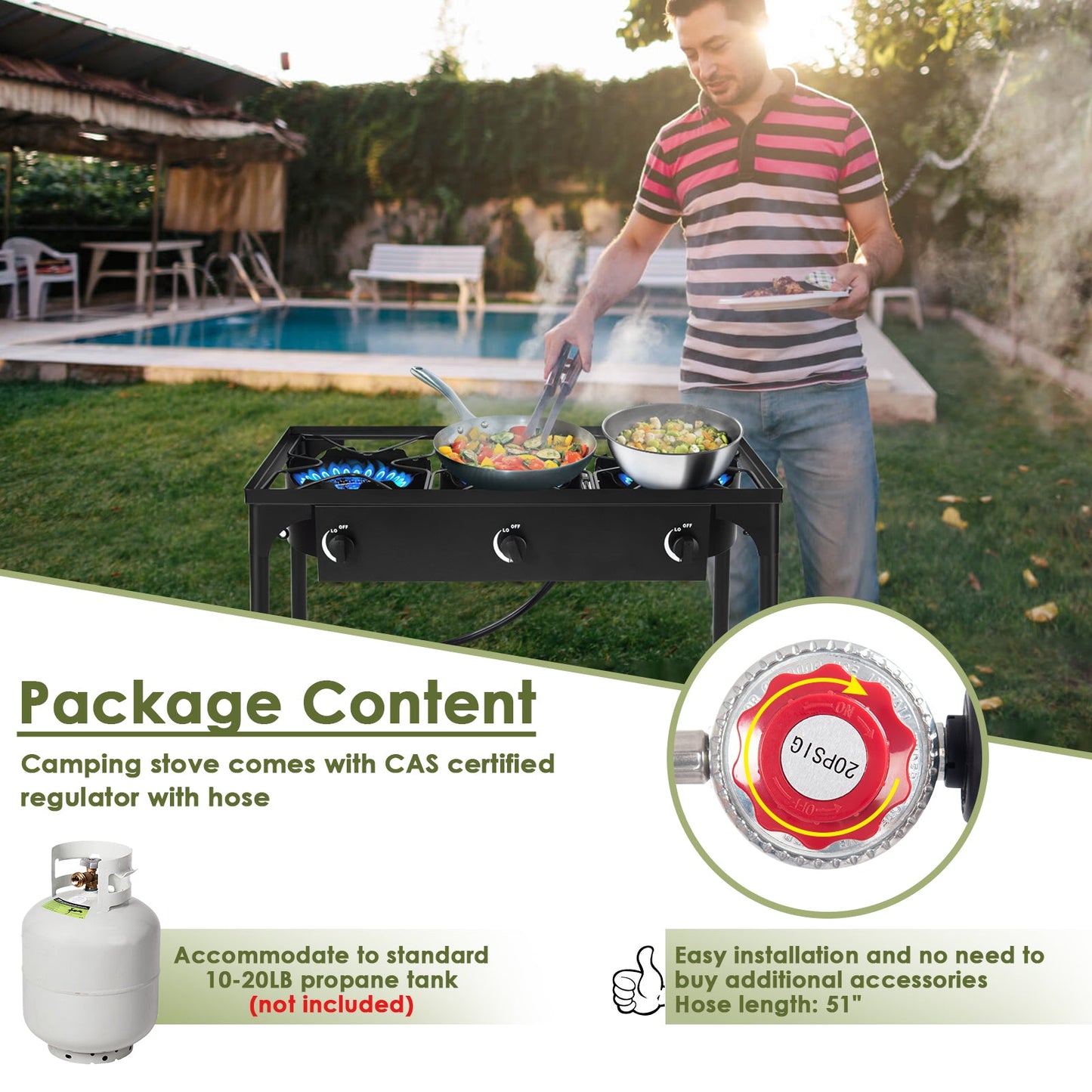 225000 BTU Portable Propane 3 Burner Gas Cooker, black DirectDeals outdoor stove on Tampa Home & Garden Store