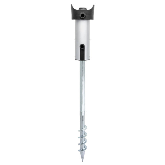Retractable hose reel ground spike mount in silver with black top cap on Tampa Home & Garden Store