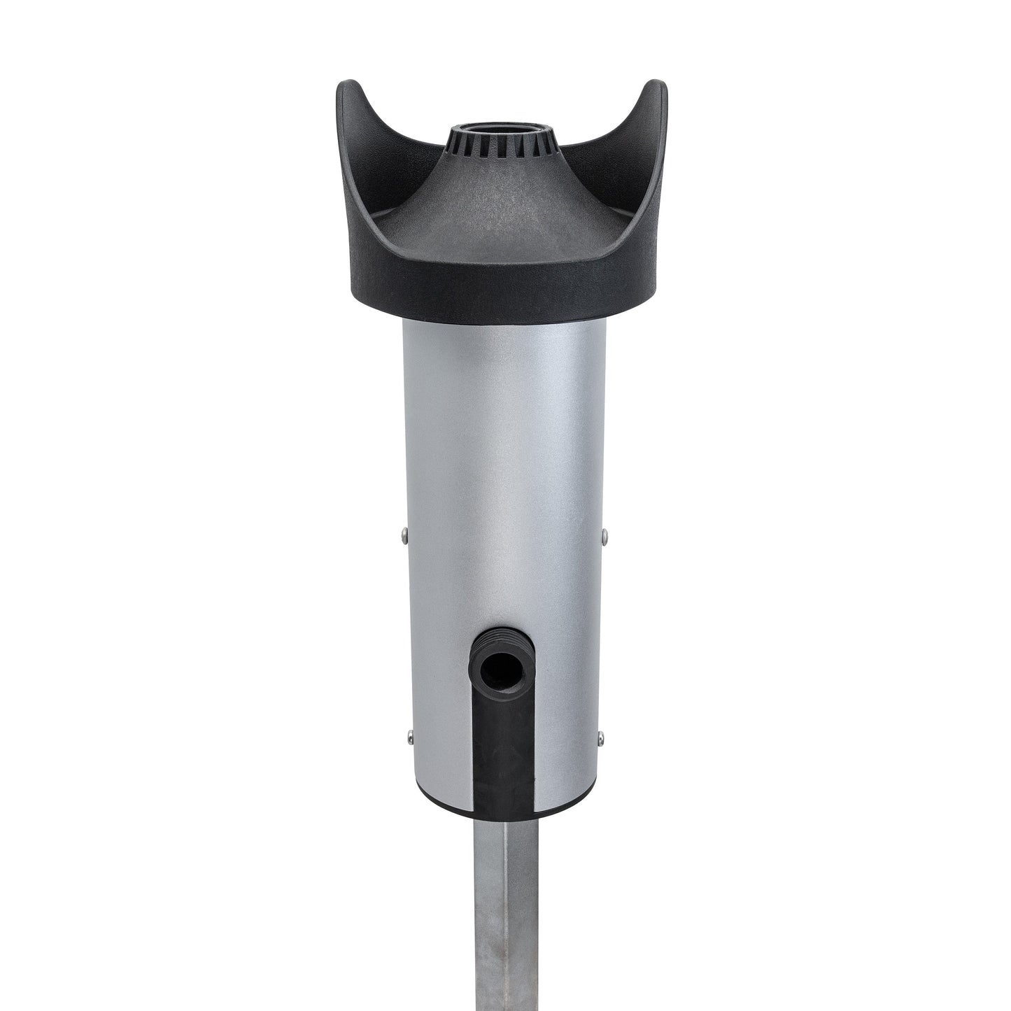 Retractable hose reel ground spike mount 22544 with black plastic cap on gray metal post on Tampa Home & Garden Store