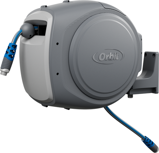 65 ft Orbit auto retractable hose reel with wall mount, gray housing and blue hose on Tampa Home & Garden Store