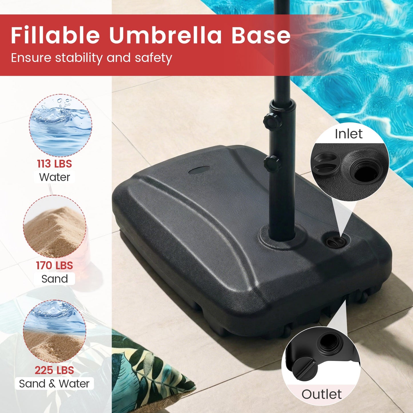 225 LBS Cantilever Patio Umbrella Base with Wheels and Crossed Base