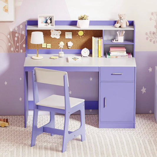 Kids study desk and chair set in lavender purple with corkboard and shelving on Tampa Home & Garden Store