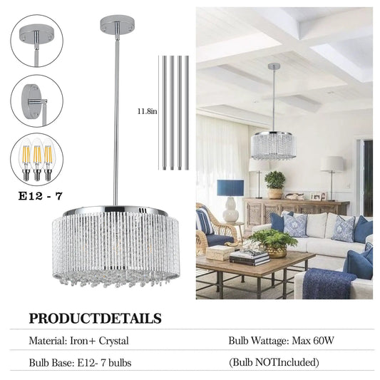 Modern Crystal Chandelier for Living Room with chrome frame and crystal fringe ceiling mount on Tampa Home & Garden Store