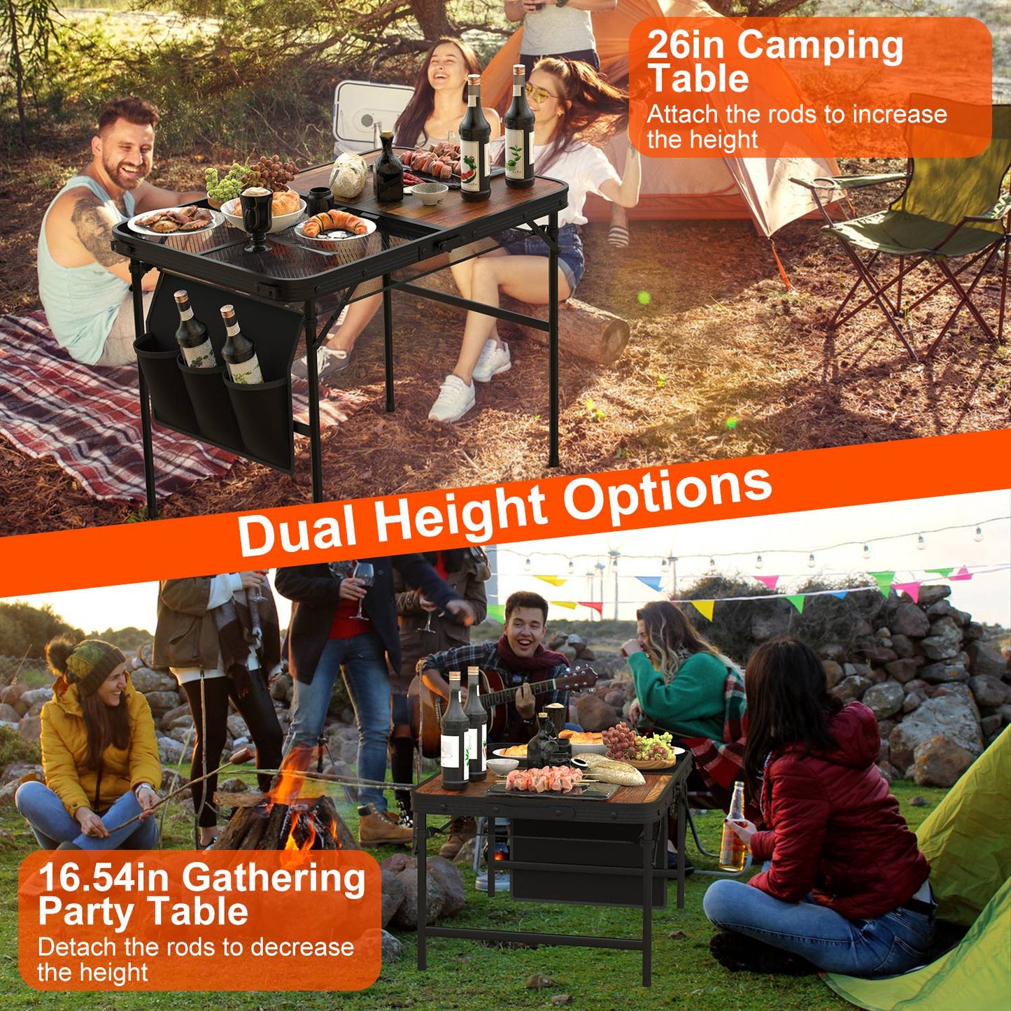 GemGear foldable camping table with wood-grain top and aluminum frame, dual height options on Tampa Home & Garden Store