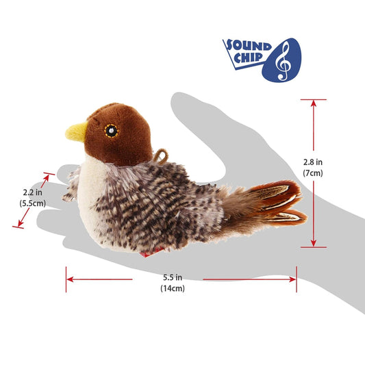 Interactive plush cat toy bird with brown head, speckled body and yellow beak; Sound Chip chirp on Tampa Home & Garden Store