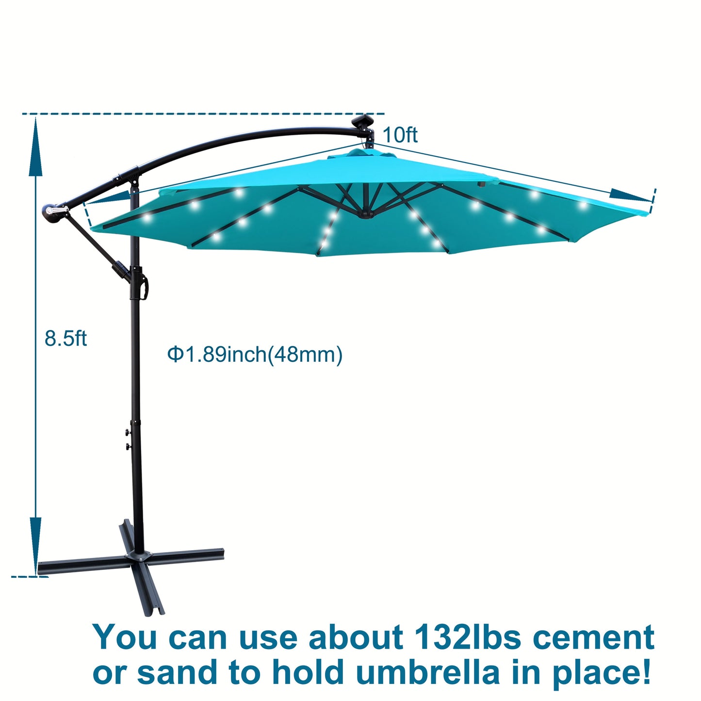 10 ft outdoor patio umbrella with solar-powered LED lights and turquoise canopy on Tampa Home & Garden Store