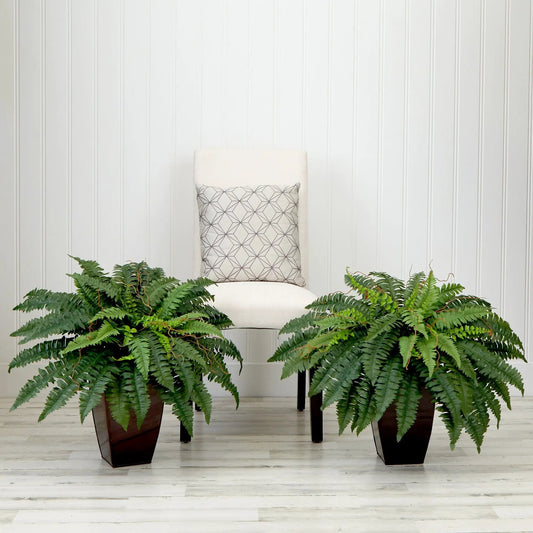 Artificial Boston Fern Kit With Bronze Planter three ferns in brown pots against white wall on Tampa Home & Garden Store