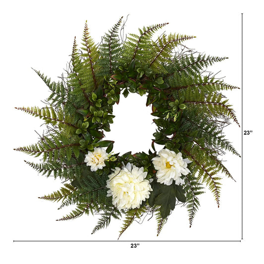 Wreath Nearly Natural fern and chrysanthemum, 23-inch with green ferns and white blooms on Tampa Home & Garden Store