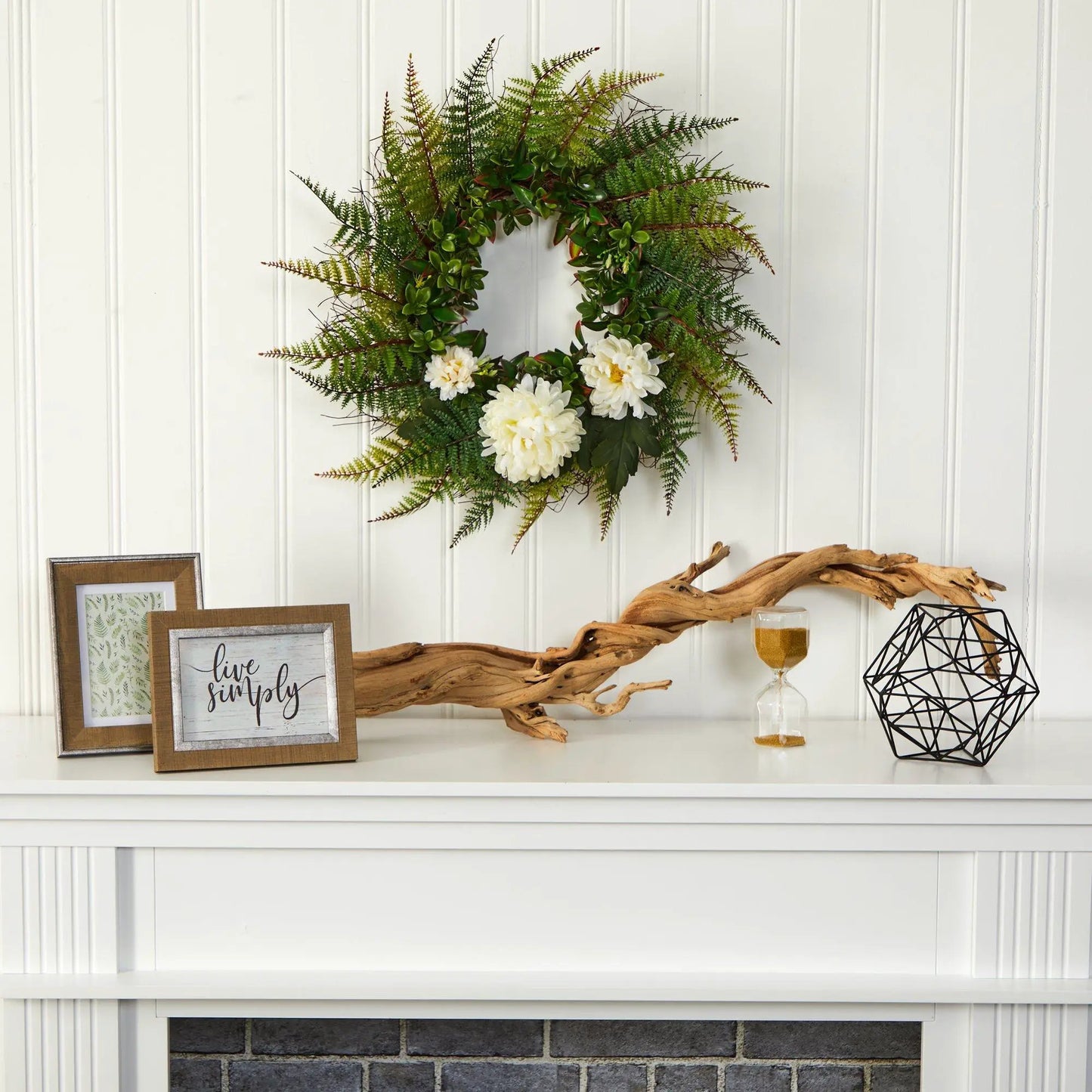 Assorted Fern and Chrysanthemum Artificial Wreath, 23-inch with ferns and white chrysanthemums on Tampa Home & Garden Store