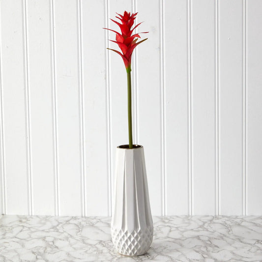 23-inch Star Bromeliad artificial stems, red blooms, set of 6 in a white textured vase on Tampa Home & Garden Store