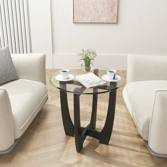 DirectDeals round tempered glass end table with black curved metal legs in a living room on Tampa Home & Garden Store