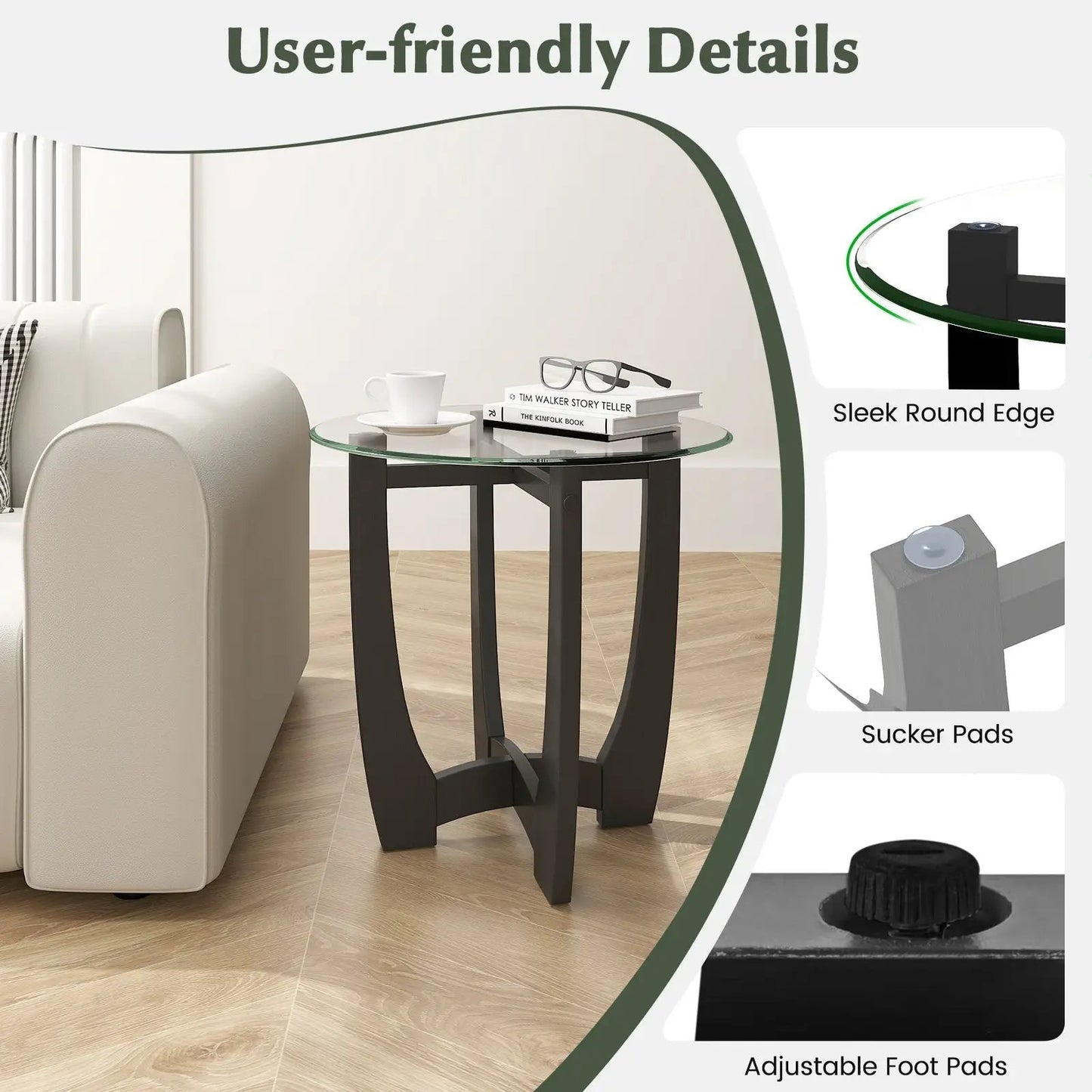 23.5 Inch Round End Side Table with Tempered Glass Tabletop-Black - Tampa Home & Garden Store