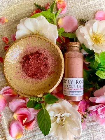 Holy Rose Miracle Grains Face Mask & Exfoliant: clay in bowl and Terra Cotta Botanical bottle on Tampa Home & Garden Store