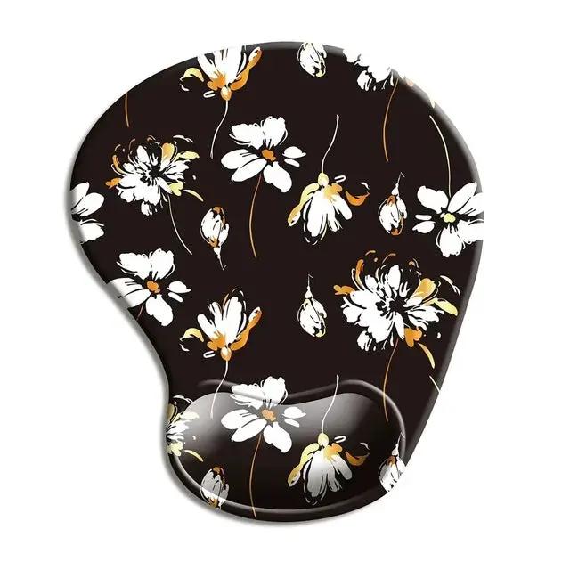 Ergonomic mouse pad with wrist rest in black floral print white flowers non-slip mat on Tampa Home & Garden Store