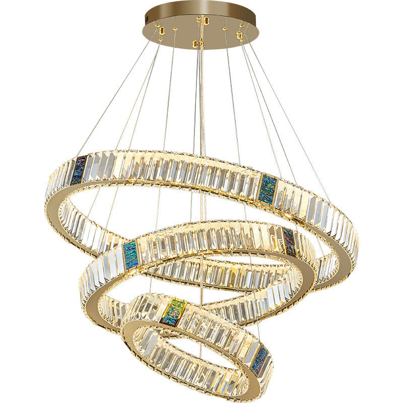Round Stainless Steel Crystal Chandelier with gold rings and clear crystal prisms, Decorbites on Tampa Home & Garden Store