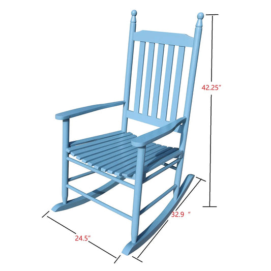 Blue solid wood porch rocker chair with slatted seat and back for outdoor use on Tampa Home & Garden Store