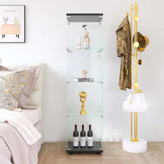 4 glass display cabinets with door shelves, floor standing antique bookshelf, 64.7 "* 16.7" * 14.3 ", black - Tampa Home & Garden Store