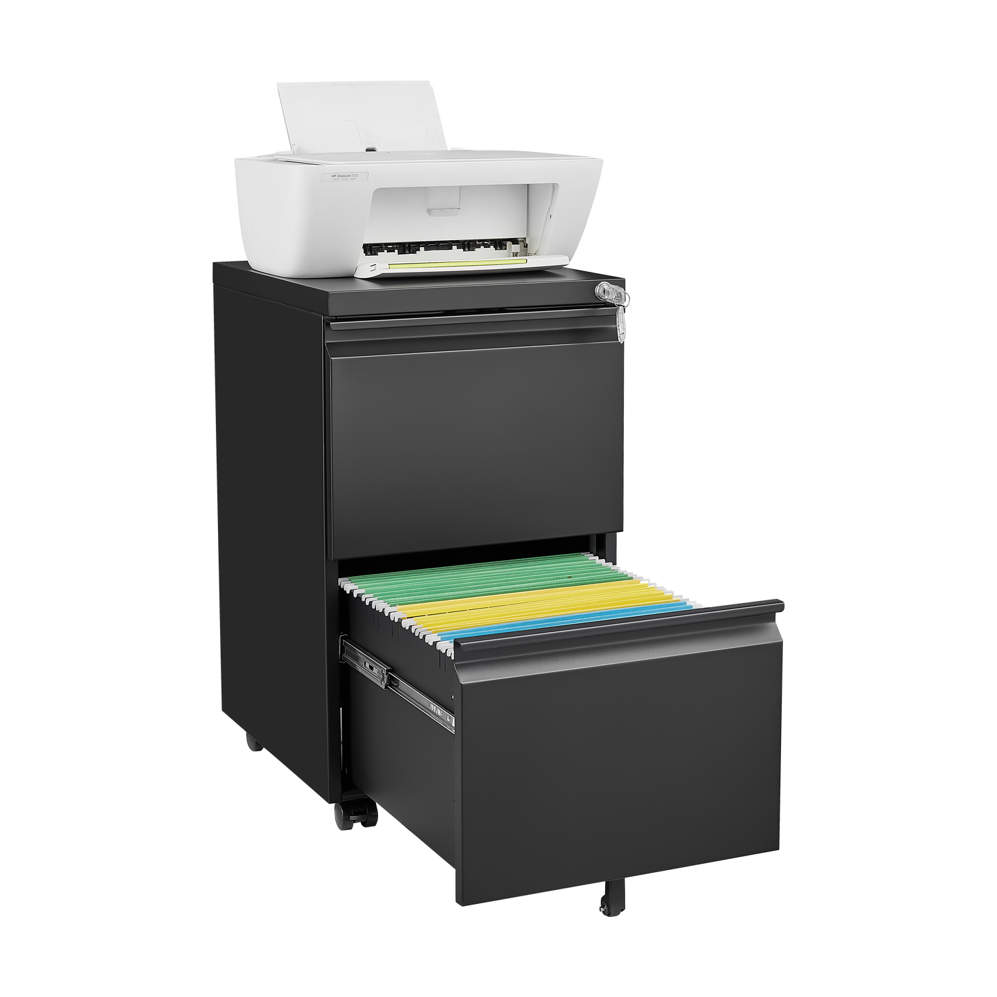 Metal 2-Drawer Mobile File Cabinet with Lock, black finish, on wheels, color-coded folders on Tampa Home & Garden Store