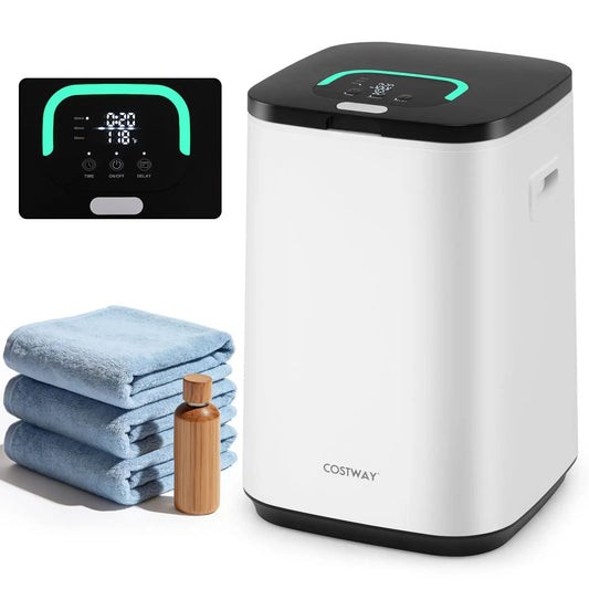 Costway 23L hot towel heater with rapid heating timer, white body with black lid, towels nearby on Tampa Home & Garden Store