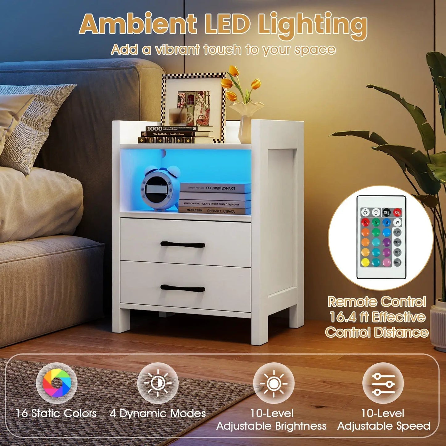 Nightstand with Charging Station and Open Storage, white, 23.5-in height, DirectDeals on Tampa Home & Garden Store