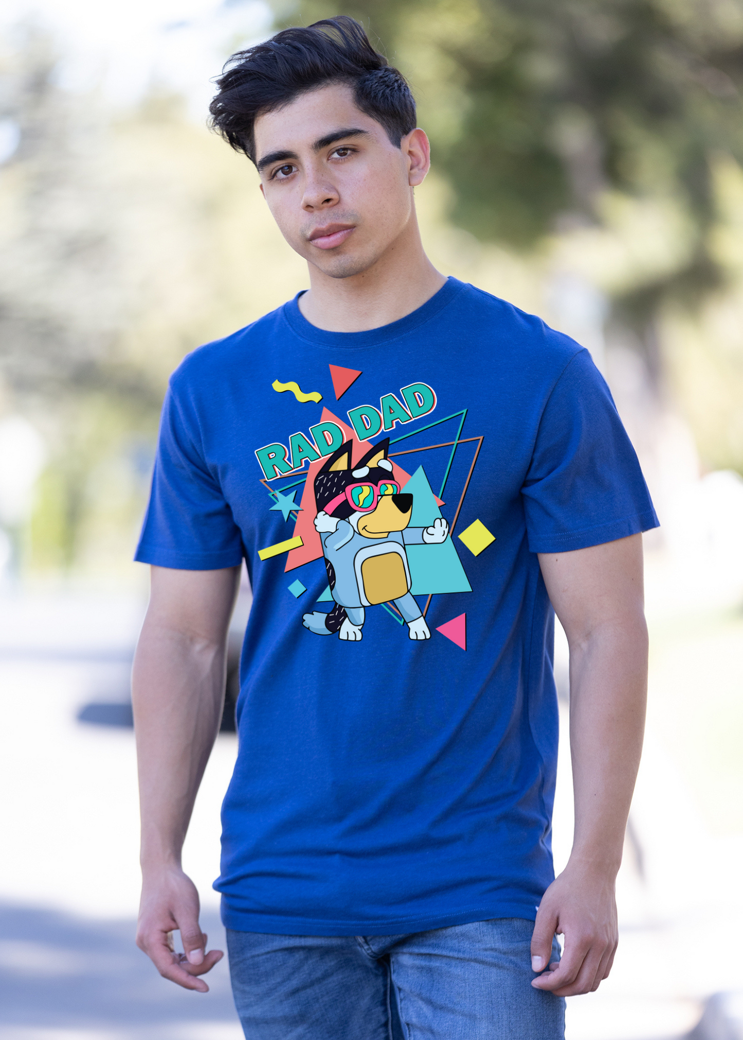Rad Dad Bluey men's bamboo short sleeve tee with RAD DAD and dog print on blue on Tampa Home & Garden Store