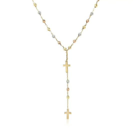 Tri Color 14K gold rosary chain necklace with alternating gold, rose, and white beads and cross pendant on Tampa Home & Garden Store