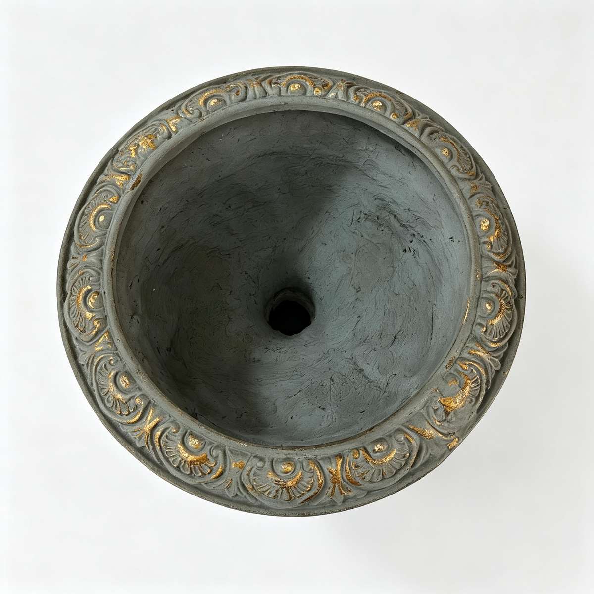 Antique blue MGO planter with drainage hole; ornate scrollwork with gold accents HouseOfZazla on Tampa Home & Garden Store
