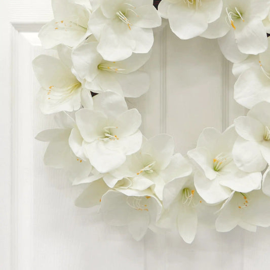 24-Inch Amaryllis Wreath with White Blooms by Nearly Natural on Tampa Home & Garden Store