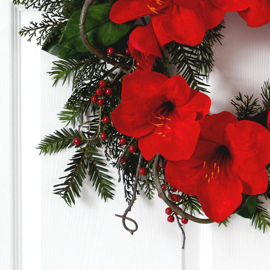24-Inch Amaryllis Wreath with greenery and red berries by Nearly Natural on Tampa Home & Garden Store