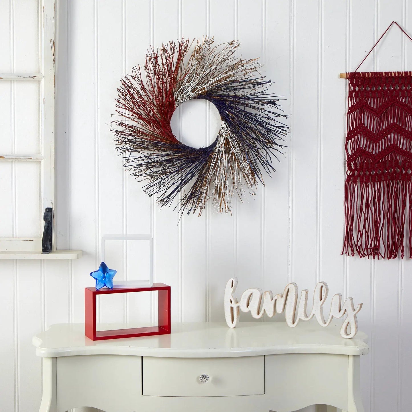 Americana Twig Wreath Red White and Blue by Nearly Natural, 24 in on white wall on Tampa Home & Garden Store