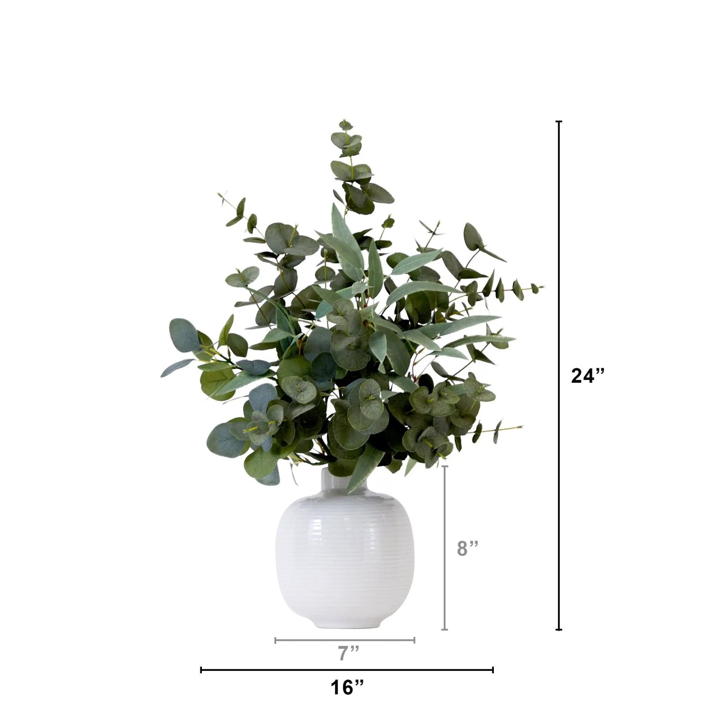 Artificial eucalyptus leaves in a white ribbed ceramic planter on Tampa Home & Garden Store