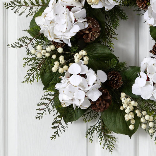 Hydrangea and Berry Wreath with Gold Trim white hydrangea blooms, white berries, pinecones on Tampa Home & Garden Store