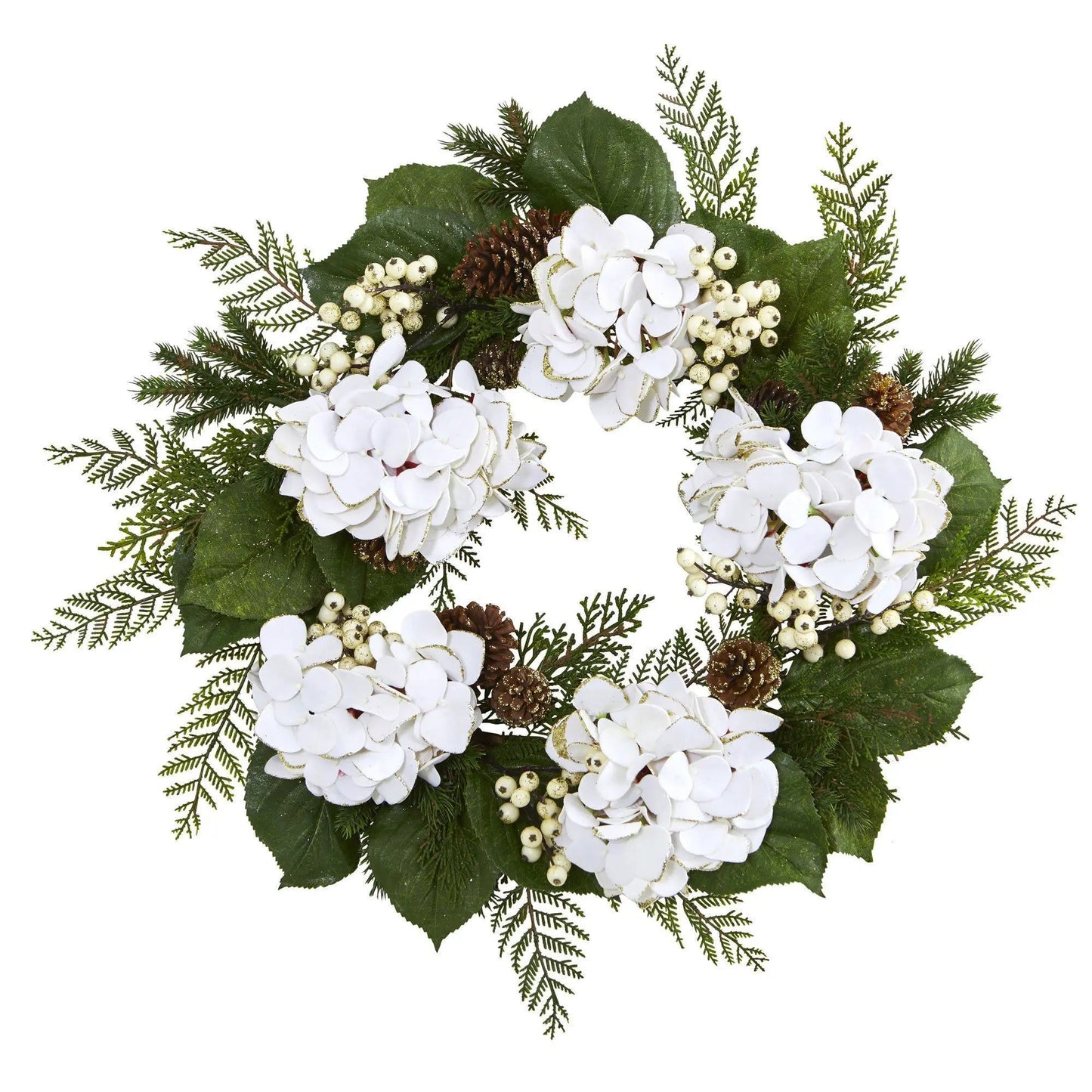 Hydrangea and Berry Wreath with Gold Trim, white hydrangea blooms and berries, 24in on Tampa Home & Garden Store