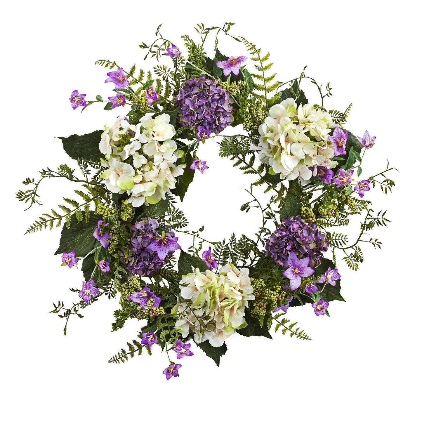 24” Artificial Hydrangea & Berry Wreath Lively Greens and Purple - Tampa Home & Garden Store