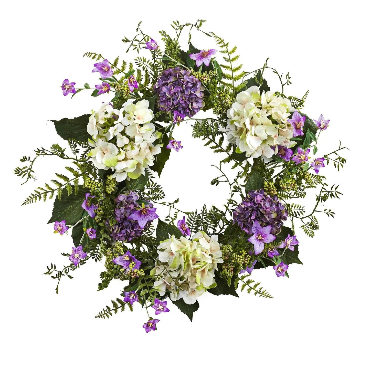 Wreath, 24-inch Nearly Natural hydrangea and berry with greens, purple and white blooms on Tampa Home & Garden Store
