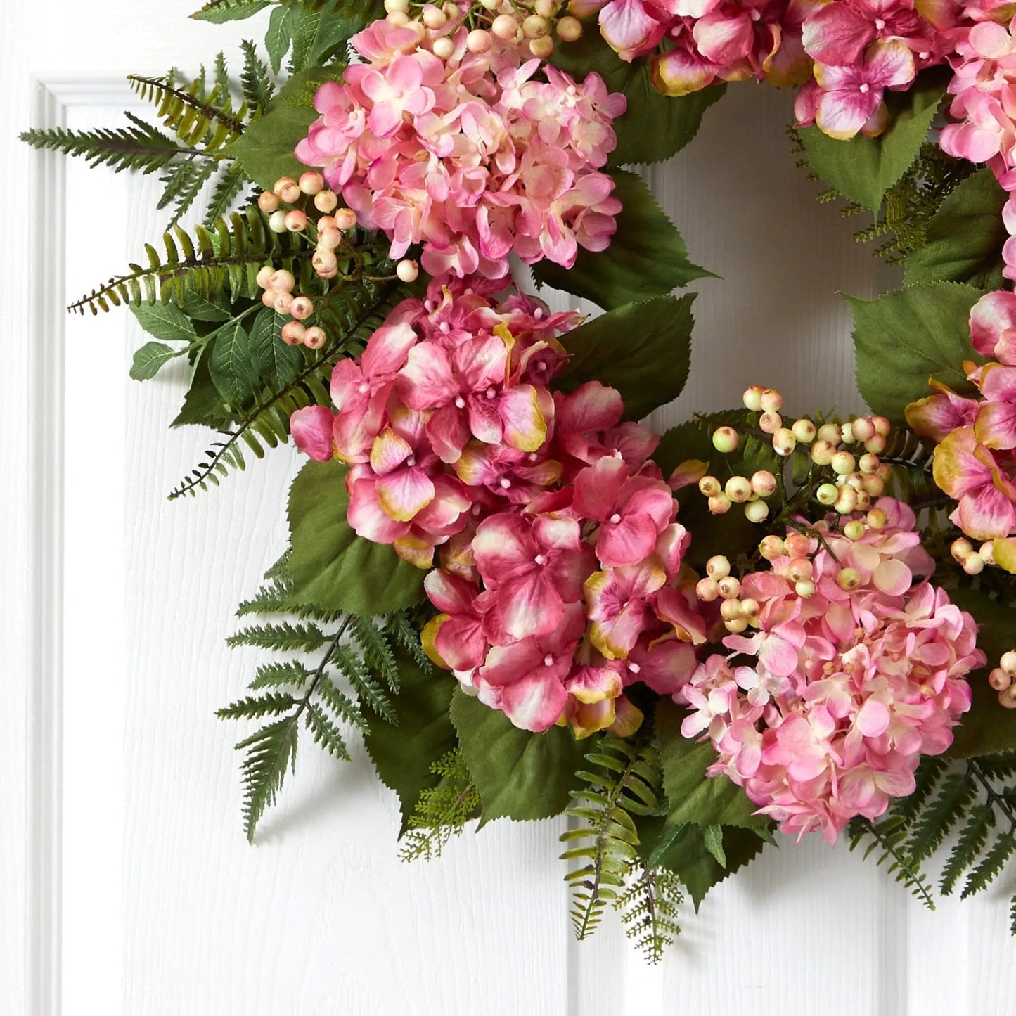 Wreath 24in Nearly Natural artificial hydrangea berry wreath with pink blooms and green foliage on Tampa Home & Garden Store