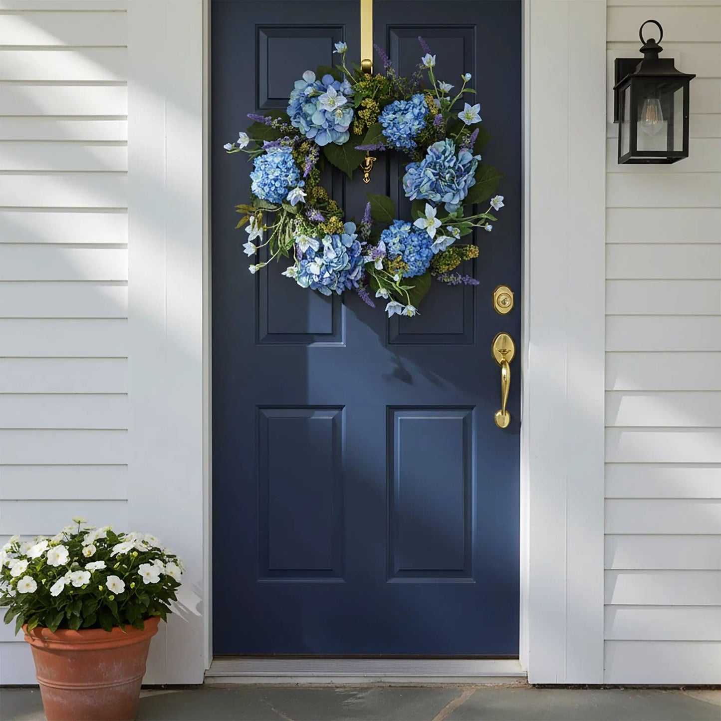 Blue Hydrangea Wreath 24in with green leaves Nearly Natural artificial on front door on Tampa Home & Garden Store