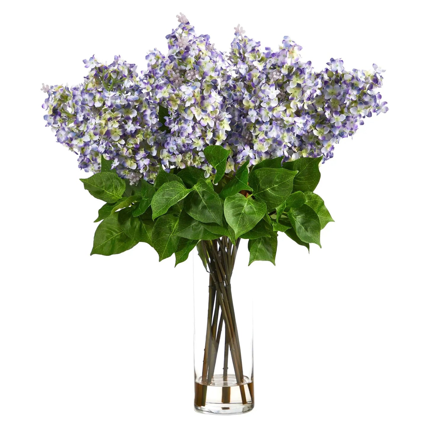 Artificial Lilac Arrangement in Cylinder Vase lavender blooms with green leaves on Tampa Home & Garden Store