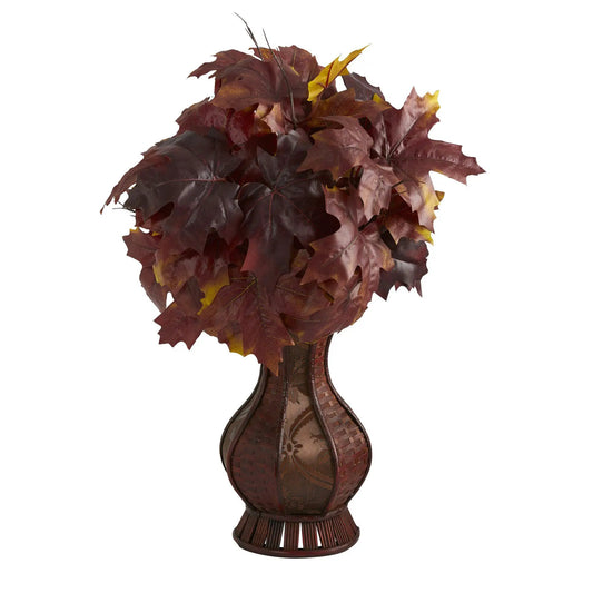 Autumn Maple Leaf Artificial Plant in Planter with burgundy leaves, woven brown planter on Tampa Home & Garden Store