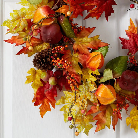 Wreath Nearly Natural Autumn Maple Leaf and Berries with pinecones, orange red yellow leaves on Tampa Home & Garden Store