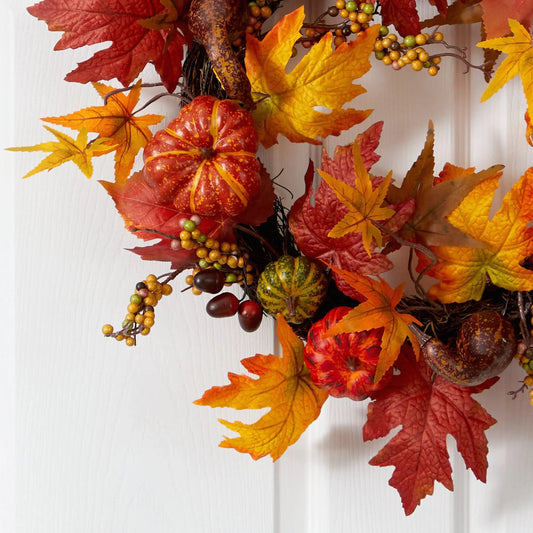 Wreath Nearly Natural Autumn Pumpkin and Berries with pumpkins and colorful fall leaves on Tampa Home & Garden Store