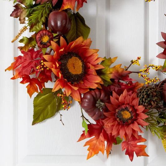 Wreath: Autumn sunflower pumpkin pinecone berries, 24in artificial decor Nearly Natural on Tampa Home & Garden Store