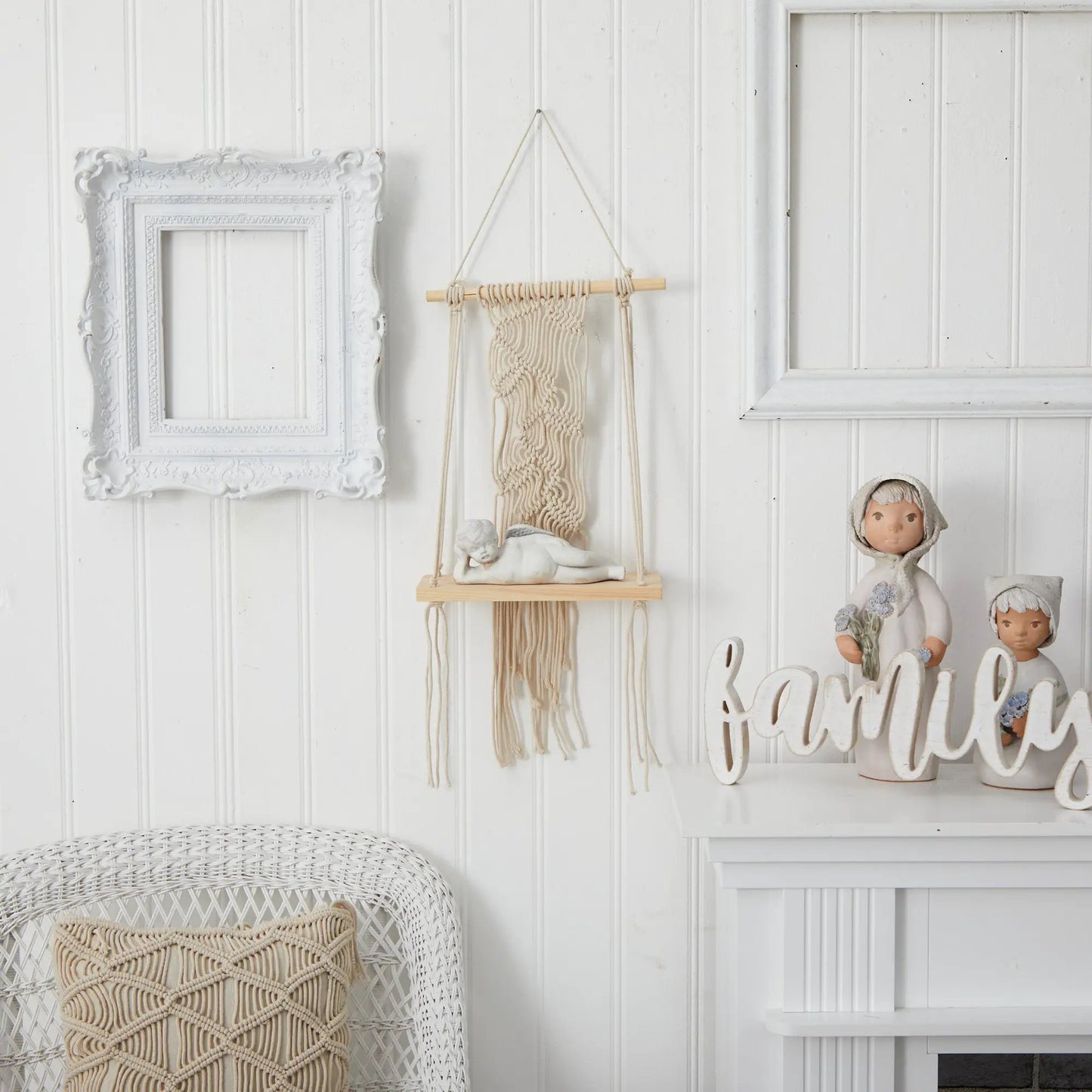 Boho Chic Wood Macrame Wall Shelf with wooden rod and hanging tassels for decor on Tampa Home & Garden Store