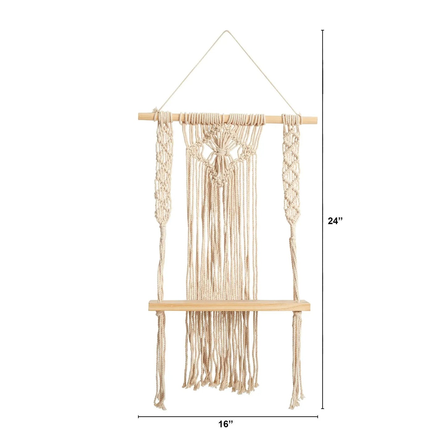 Boho chic macrame wall shelf with natural wood rod and cascading cords 16x24 on Tampa Home & Garden Store