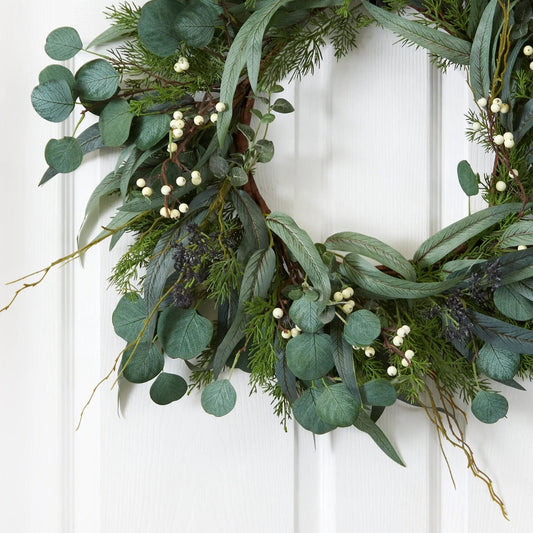 Artificial Eucalyptus and Mixed Greens Wreath by Nearly Natural, 24-inch with white berries on Tampa Home & Garden Store