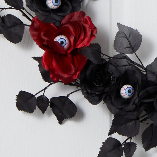 Eyeball Rose Halloween Wreath with red blooms and black leaves, blueeyed accents, Nearly Natural on Tampa Home & Garden Store