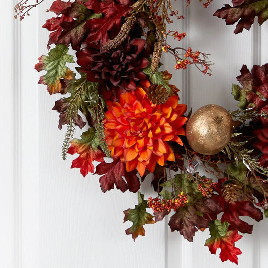 Fall Dahlia and Oak Leaf Berry Wreath With Apples, 24in wreath with red dahlias and oak leaves on Tampa Home & Garden Store