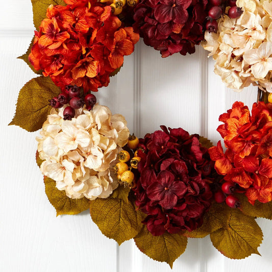 Fall Hydrangea Wreath by Nearly Natural with multicolor leaves, 24-inch diameter on Tampa Home & Garden Store